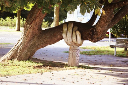 Stützende Hand unter Baum